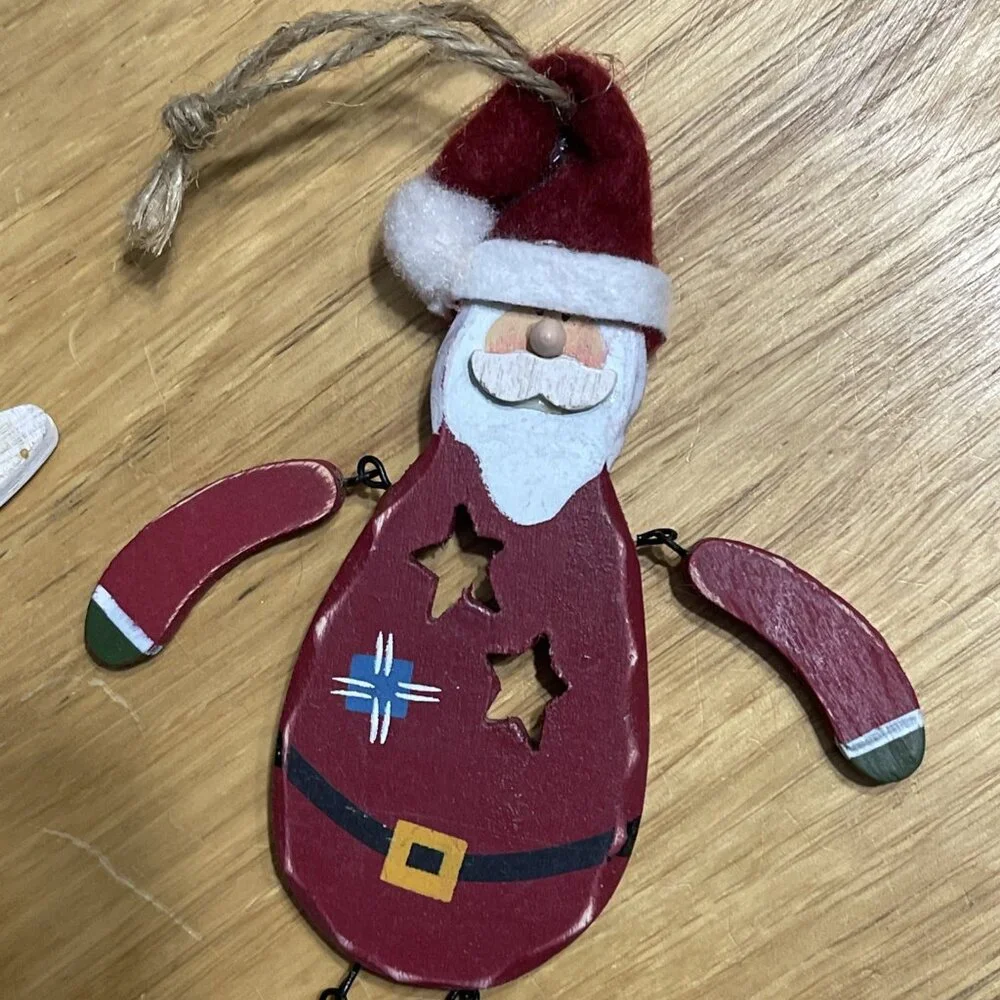 Christmas Ornament‎ Santa with Hat And Snowman Beaded Legs Set Of 2 Wooden